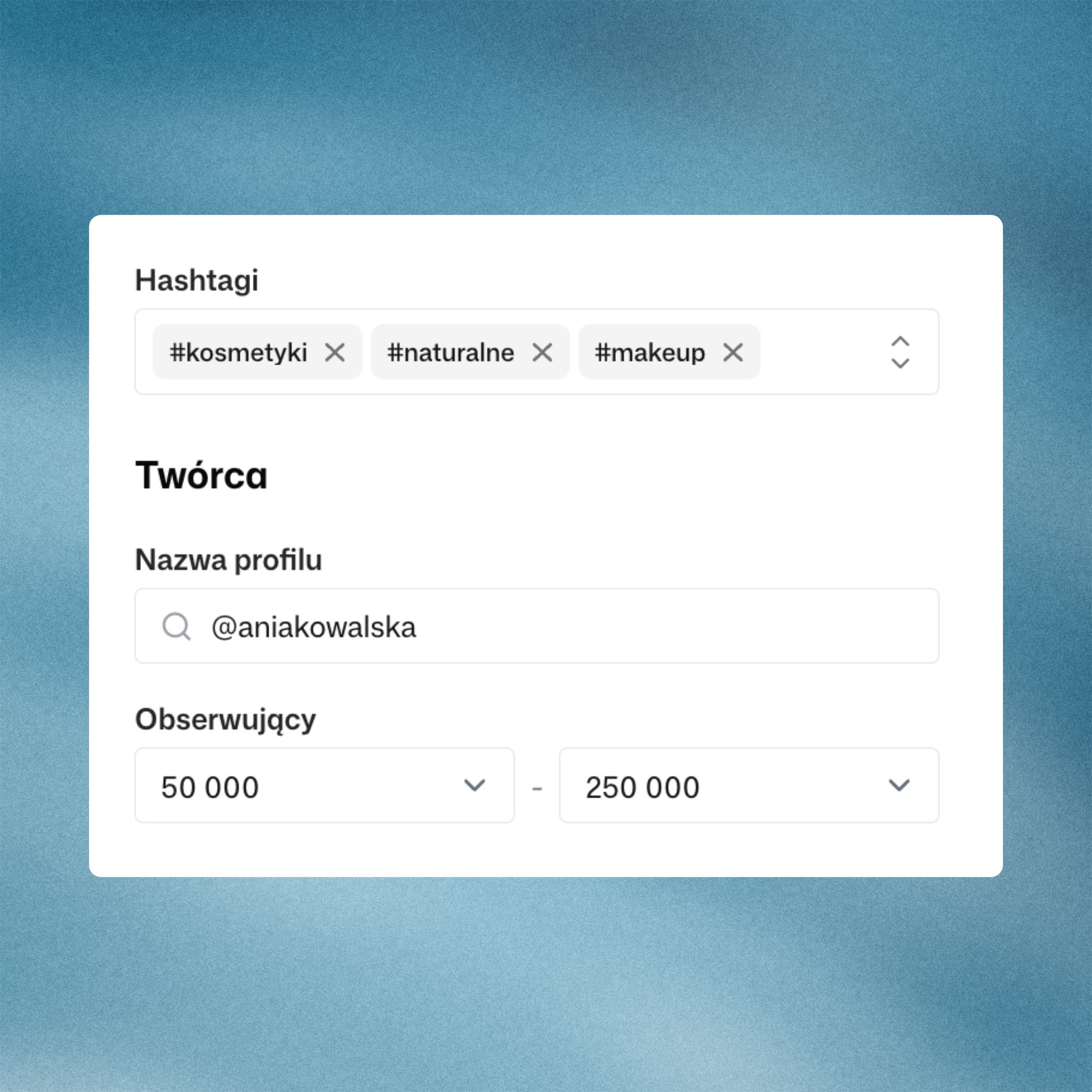 Creator filters for hashtags, a profile name, and a follower range